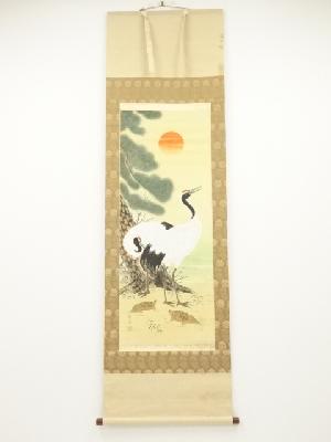 田中春泉筆　松竹梅鶴　肉筆絹本掛軸（共箱）